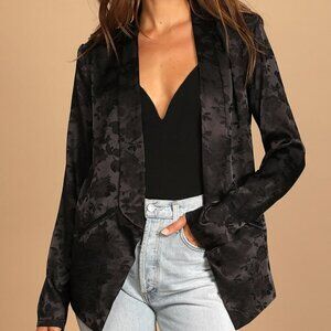 Lulus Miss Punctuality Black Satin Jacquard Lightweight Blazer XS Office Siren